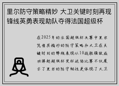里尔防守策略精妙 大卫关键时刻再现锋线英勇表现助队夺得法国超级杯
