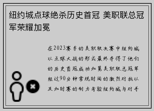 纽约城点球绝杀历史首冠 美职联总冠军荣耀加冕 纽约城点球绝杀历史首冠 美职联总冠军荣耀加冕